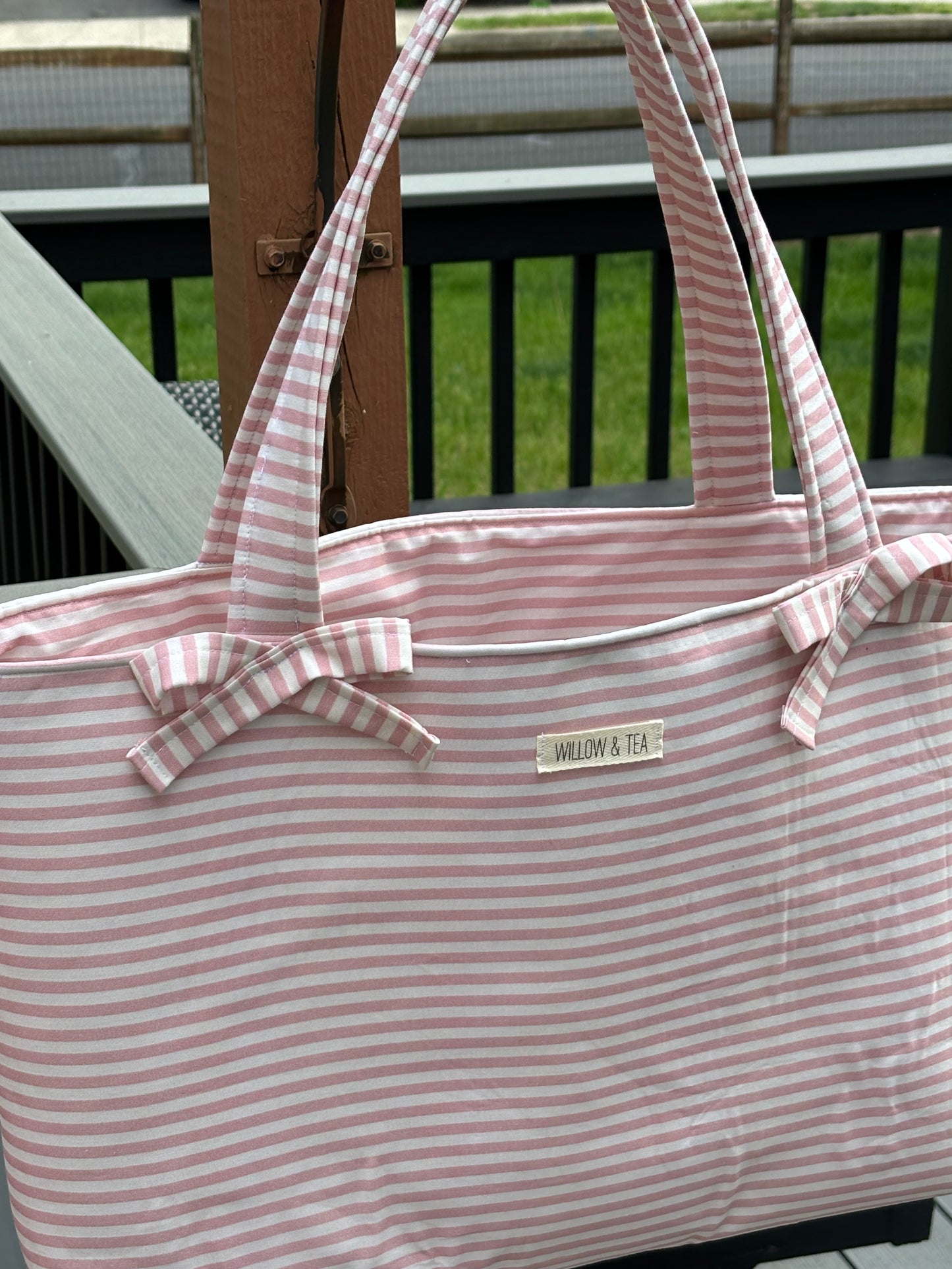 Salmon Striped Bow Tote