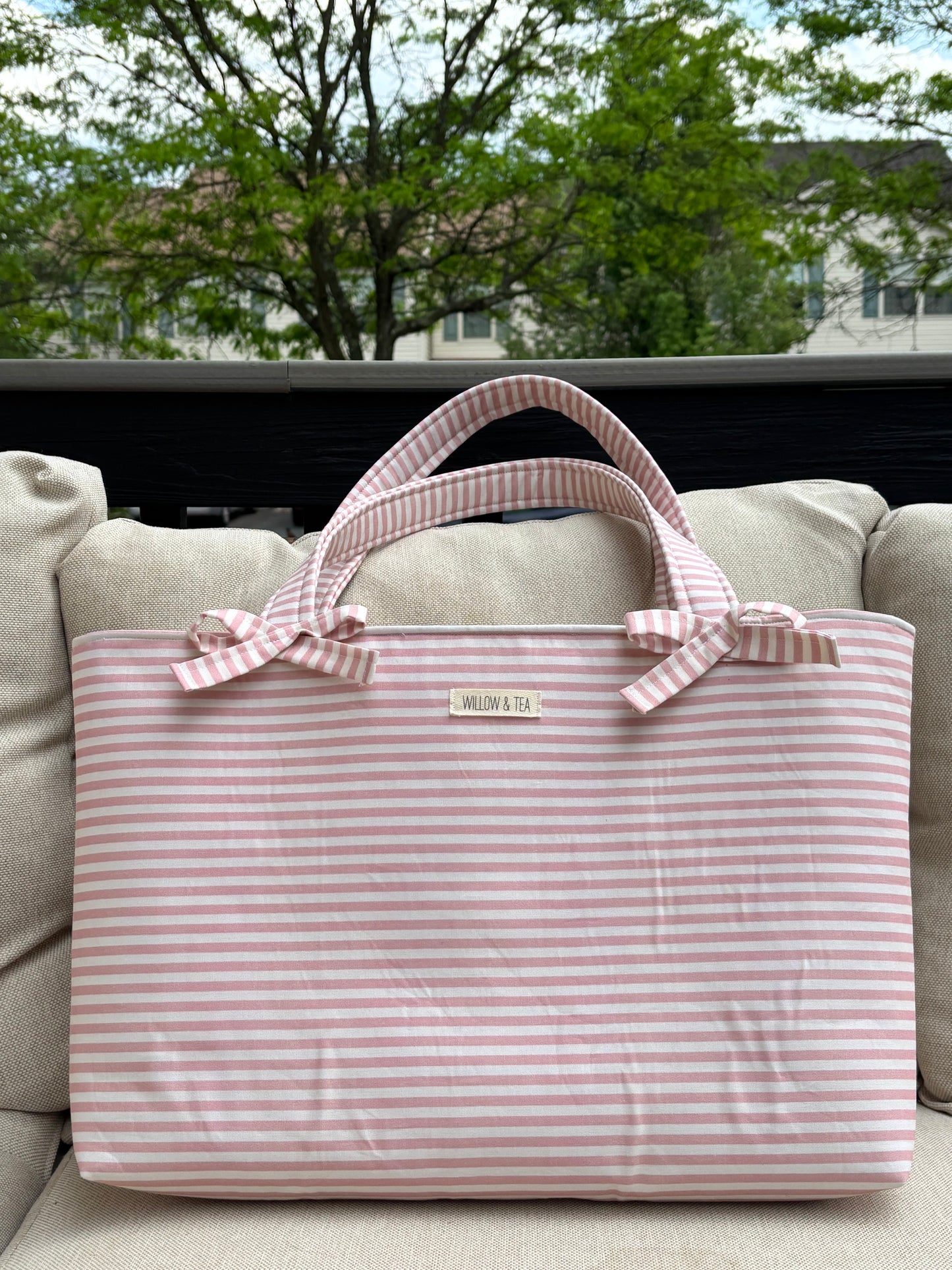 Salmon Striped Bow Tote