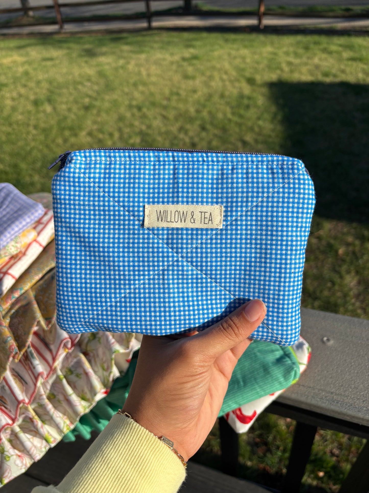 Blue gingham Flat Pouch