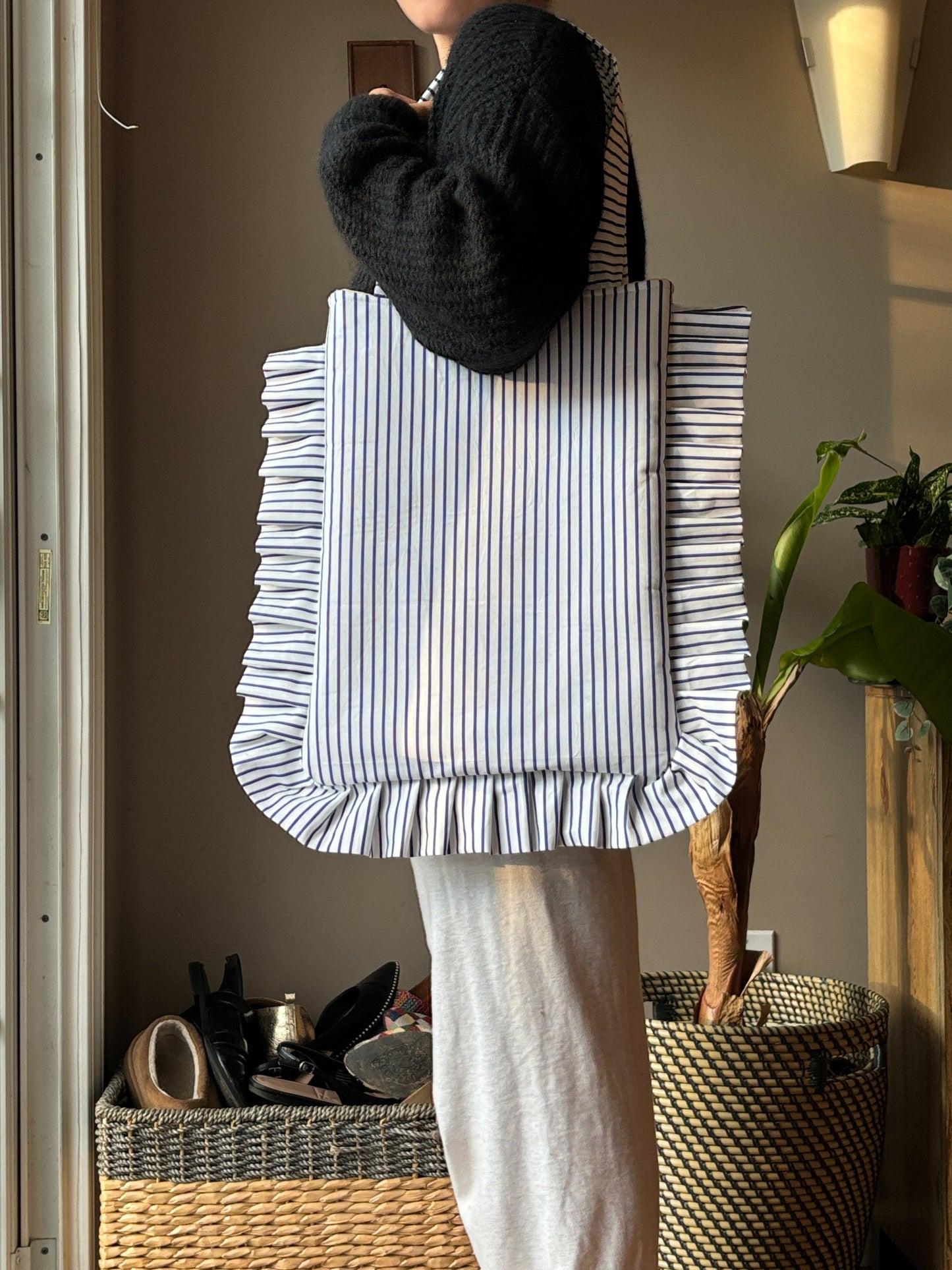 Striped Ruffle Tote Bag