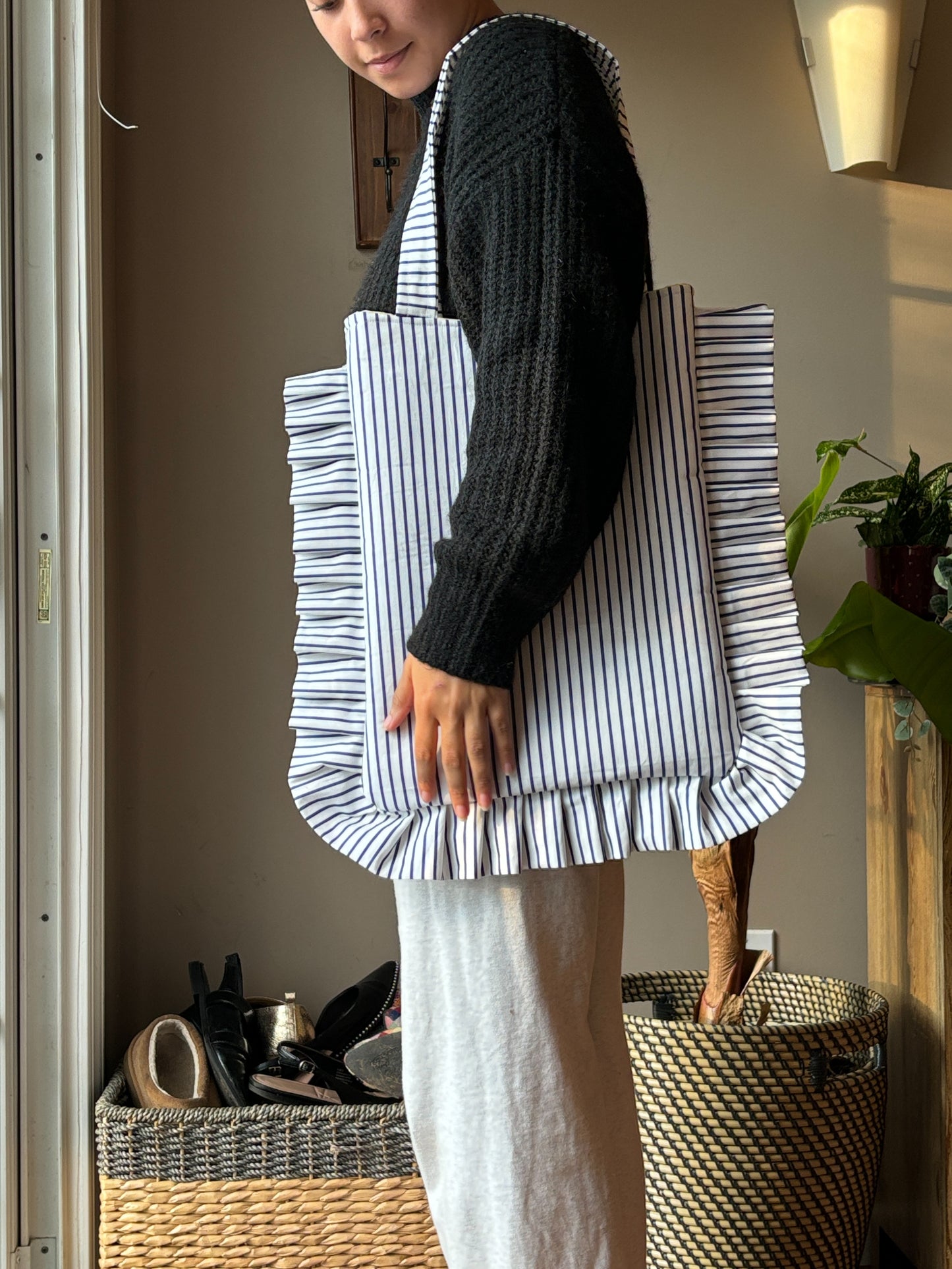 Striped Ruffle Tote Bag